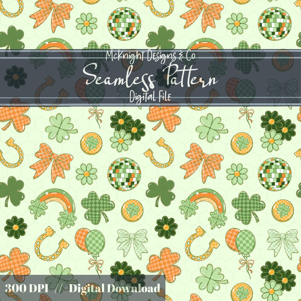 Irish Luck Disco Seamless Pattern | St. Patrick’s Day Retro Coquette Shamrock | Clover Bow