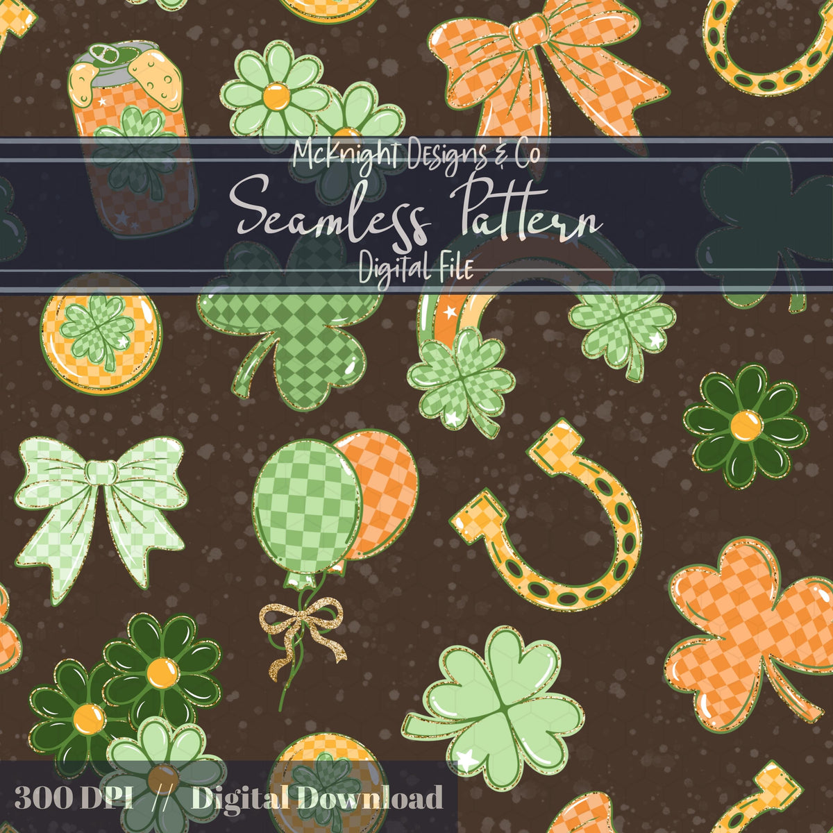 Lucky Irish Charm Seamless Pattern | St. Patrick’s Day Retro Clover Bow Rainbow Design Download