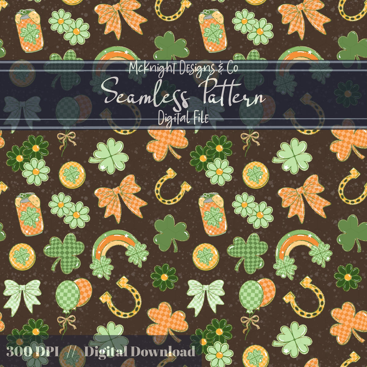 Lucky Irish Charm Seamless Pattern | St. Patrick’s Day Retro Clover Bow Rainbow Design Download