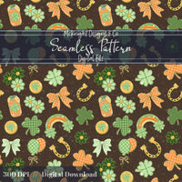 Lucky Irish Charm Seamless Pattern | St. Patrick’s Day Retro Clover Bow Rainbow Design Download
