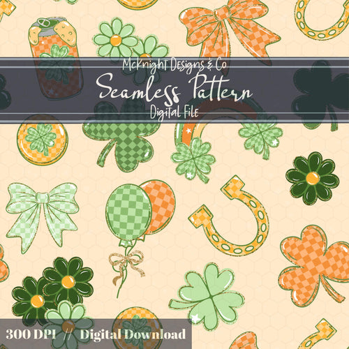 Lucky Irish Charm Seamless Pattern | St. Patrick’s Day Retro Clover Bow Rainbow Design Download