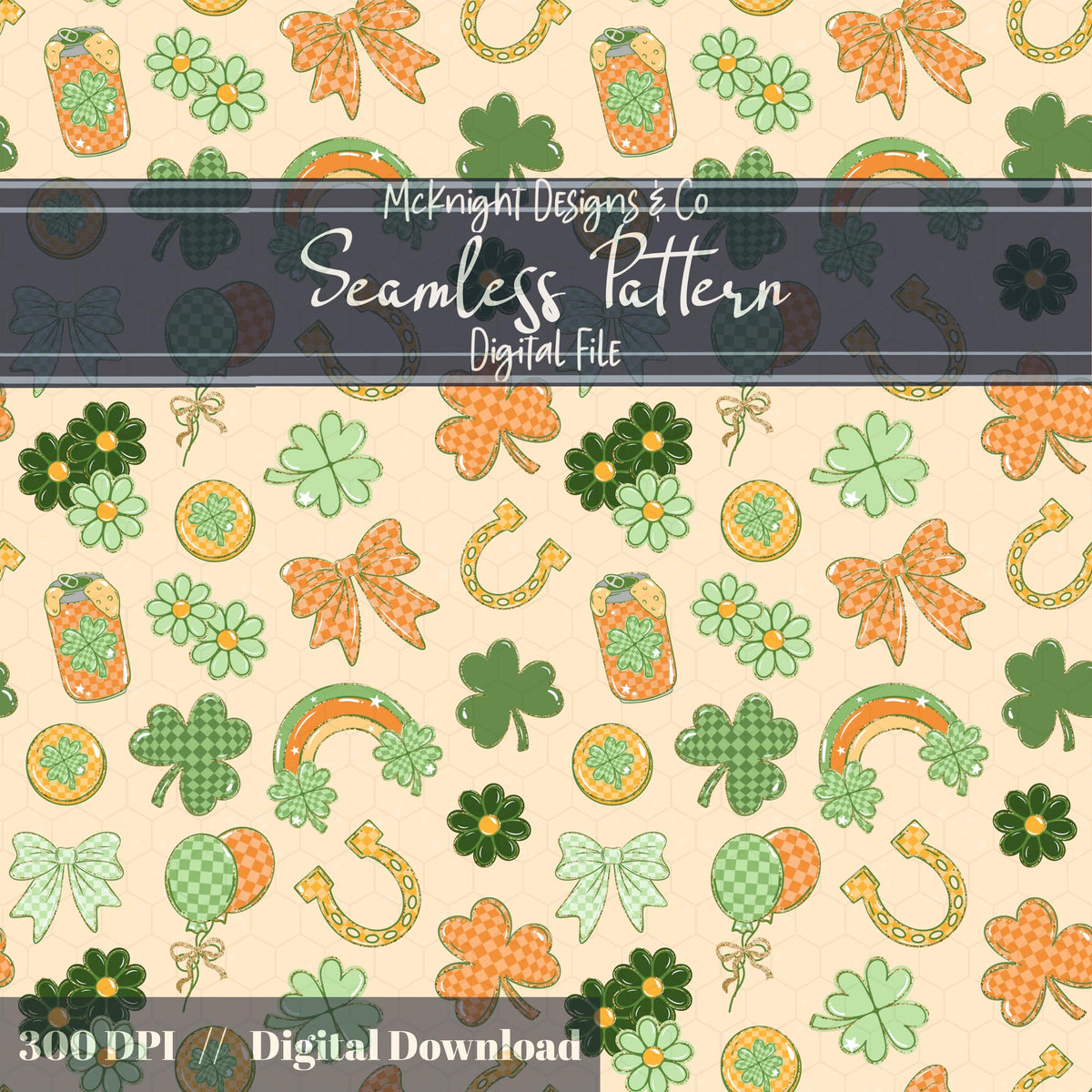 Lucky Irish Charm Seamless Pattern | St. Patrick’s Day Retro Clover Bow Rainbow Design Download