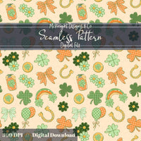 Lucky Irish Charm Seamless Pattern | St. Patrick’s Day Retro Clover Bow Rainbow Design Download