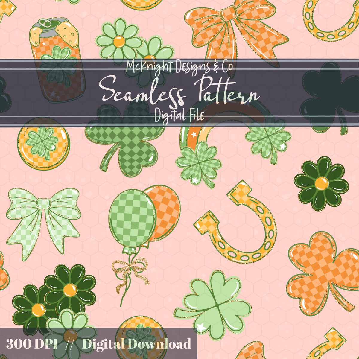 Lucky Irish Charm Seamless Pattern | St. Patrick’s Day Retro Clover Bow Rainbow Design Download