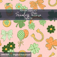Lucky Irish Charm Seamless Pattern | St. Patrick’s Day Retro Clover Bow Rainbow Design Download