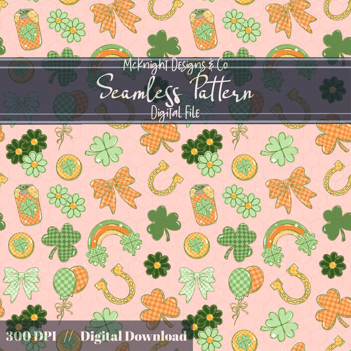 Lucky Irish Charm Seamless Pattern | St. Patrick’s Day Retro Clover Bow Rainbow Design Download