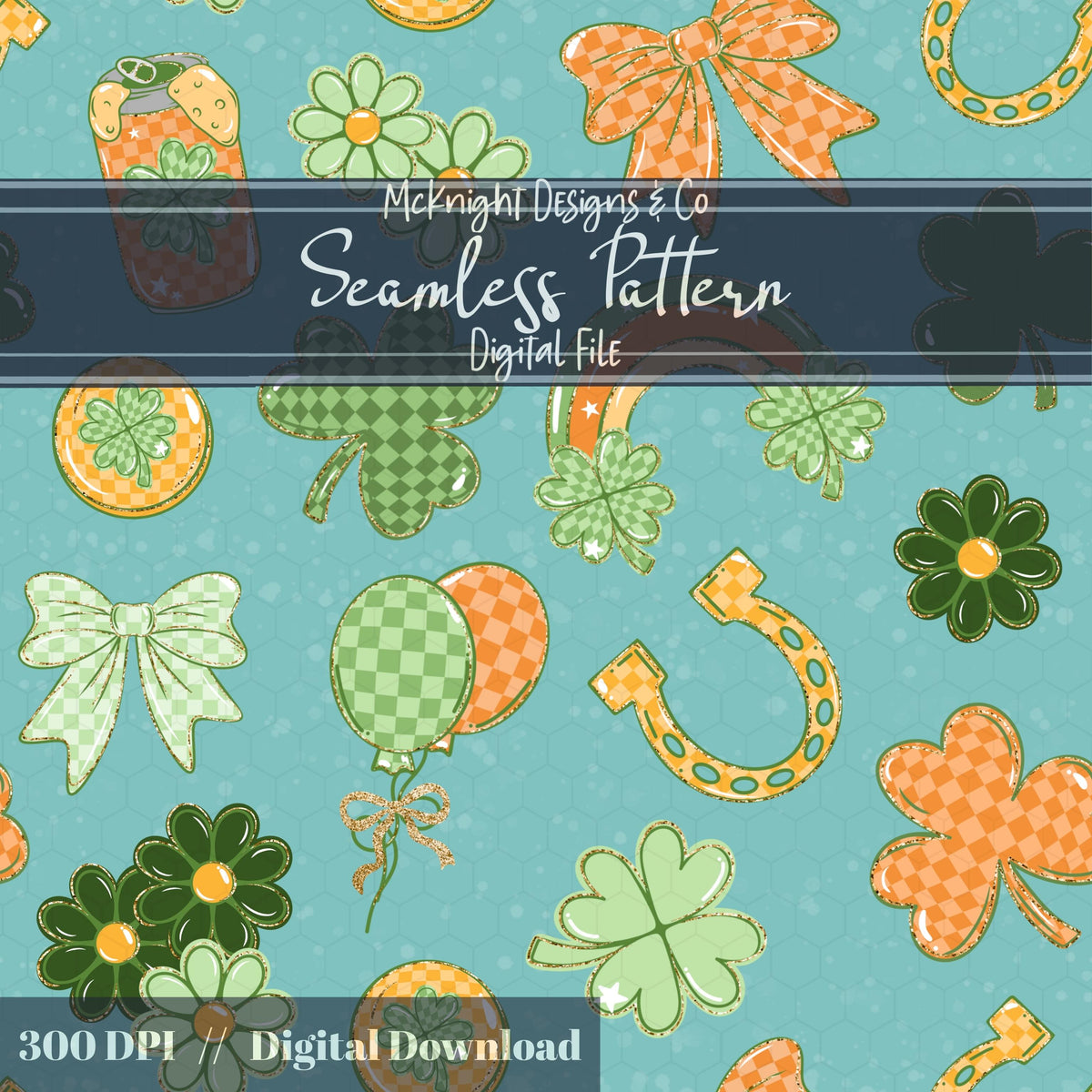 Lucky Irish Charm Seamless Pattern | St. Patrick’s Day Retro Clover Bow Rainbow Design Download