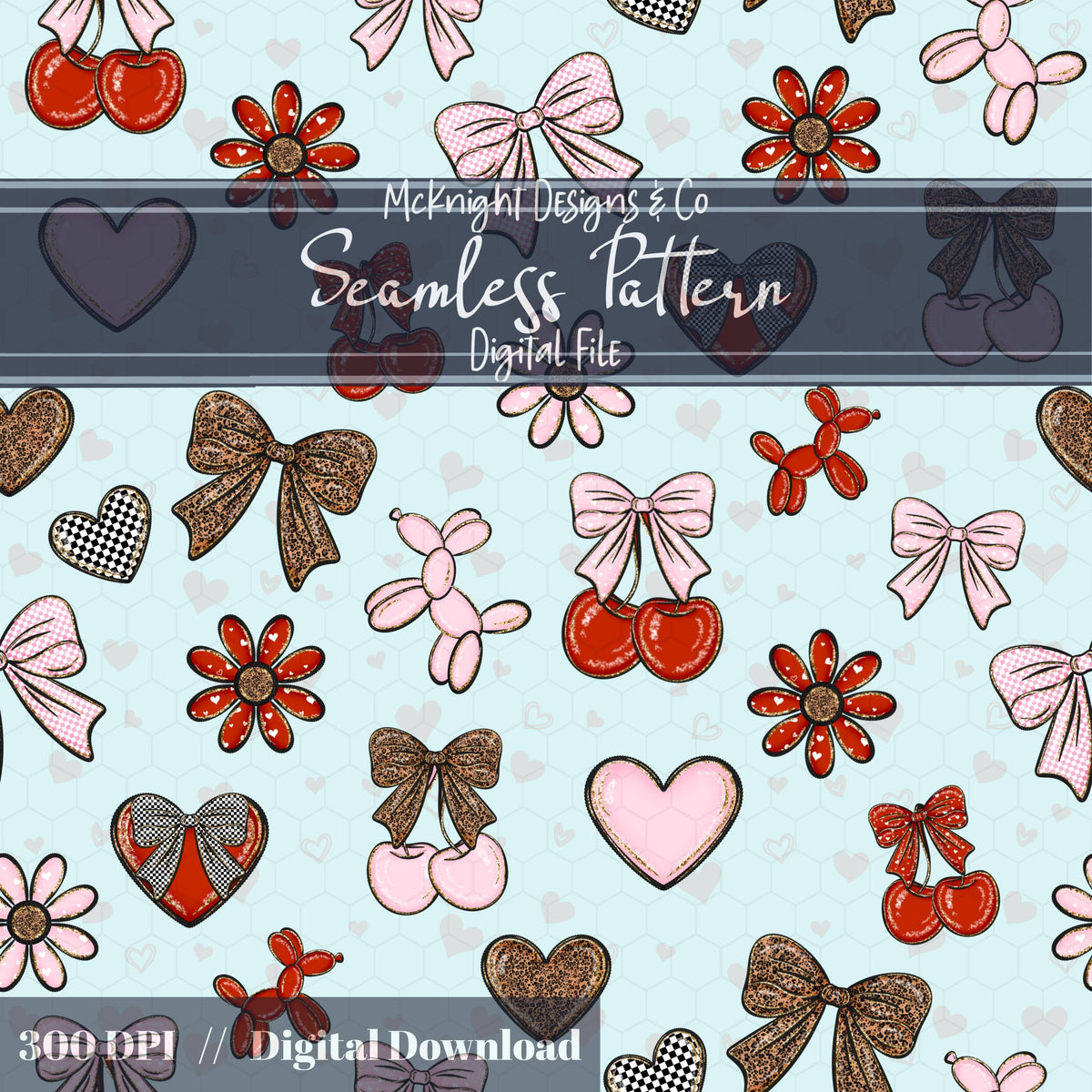 Cherry Bow Seamless Pattern with Leopard Print | Coquette Valentine Digital Paper McKnight Designs & Co Seamless Pattern File