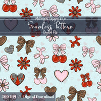 Cherry Bow Seamless Pattern with Leopard Print | Coquette Valentine Digital Paper McKnight Designs & Co Seamless Pattern File