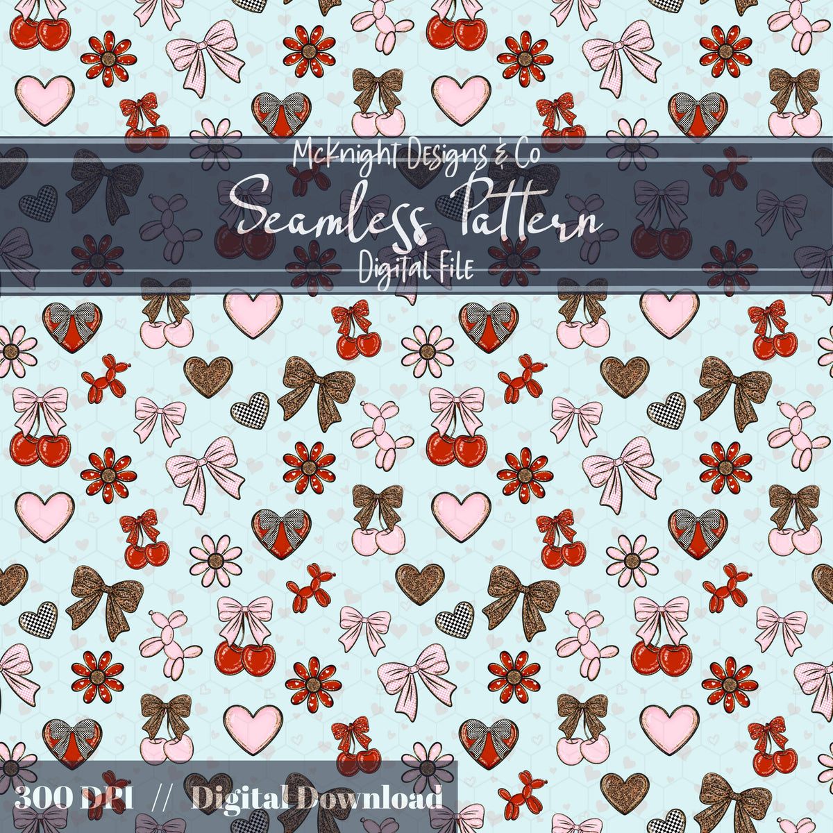Cherry Bow Seamless Pattern with Leopard Print | Coquette Valentine Digital Paper McKnight Designs & Co Seamless Pattern File