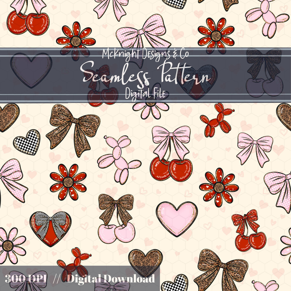 Cherry Bow Seamless Pattern with Leopard Print | Coquette Valentine Digital Paper McKnight Designs & Co Seamless Pattern File