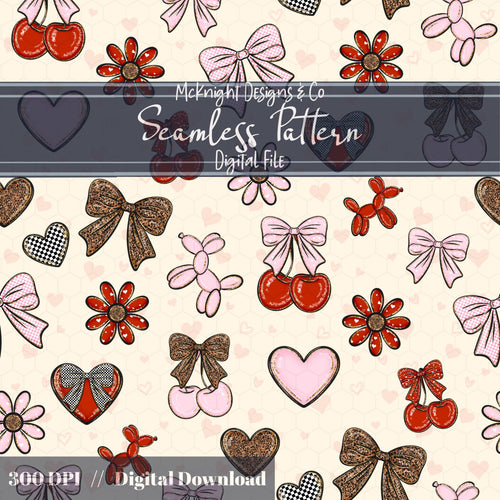 Cherry Bow Seamless Pattern with Leopard Print | Coquette Valentine Digital Paper McKnight Designs & Co Seamless Pattern File
