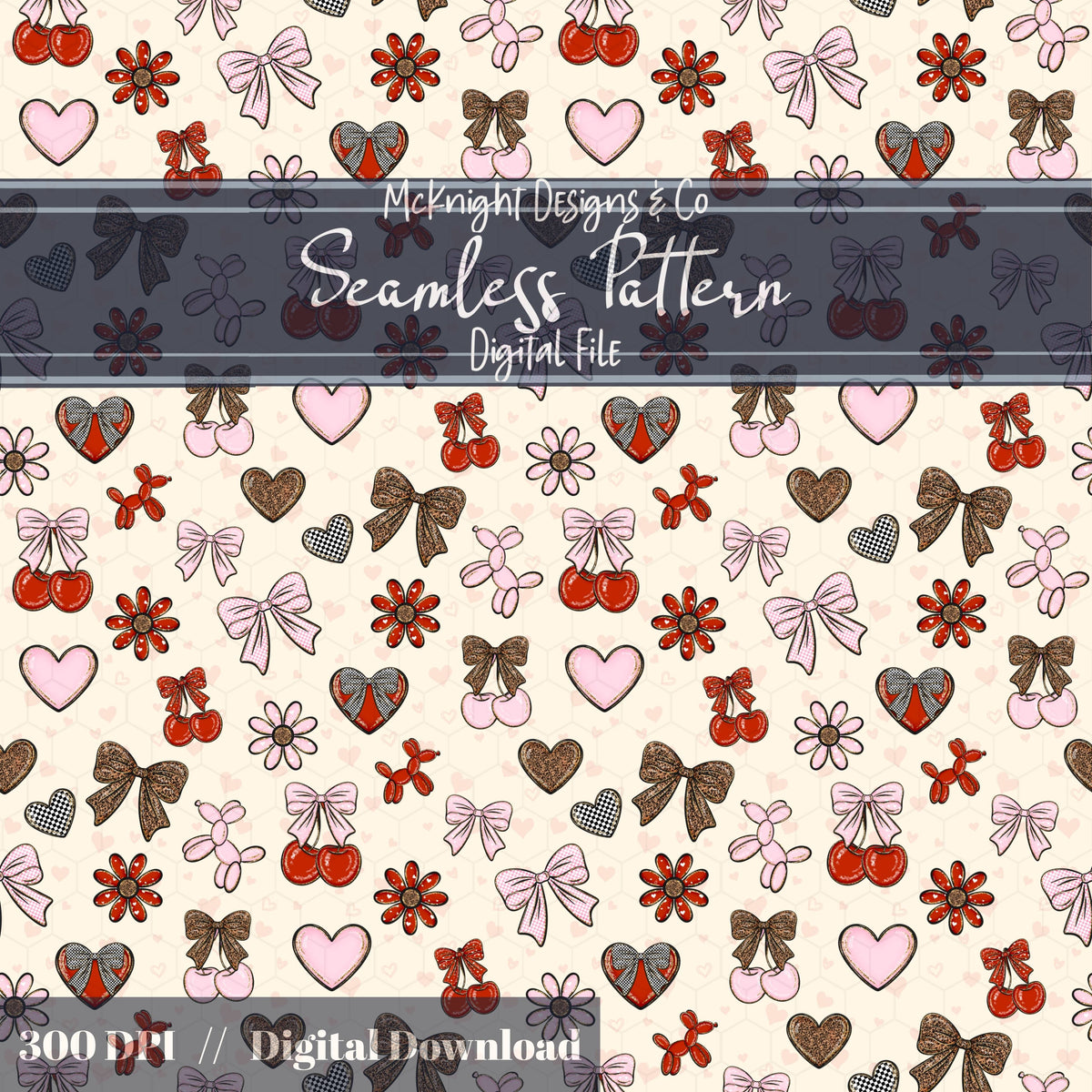 Cherry Bow Seamless Pattern with Leopard Print | Coquette Valentine Digital Paper McKnight Designs & Co Seamless Pattern File