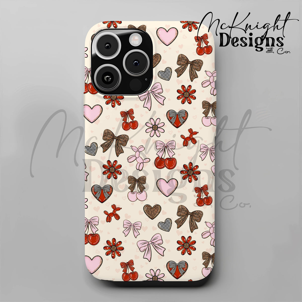 Cherry Bow Seamless Pattern with Leopard Print | Coquette Valentine Digital Paper McKnight Designs & Co Seamless Pattern File