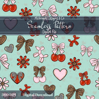 Cherry Bow Seamless Pattern with Leopard Print | Coquette Valentine Digital Paper McKnight Designs & Co Seamless Pattern File