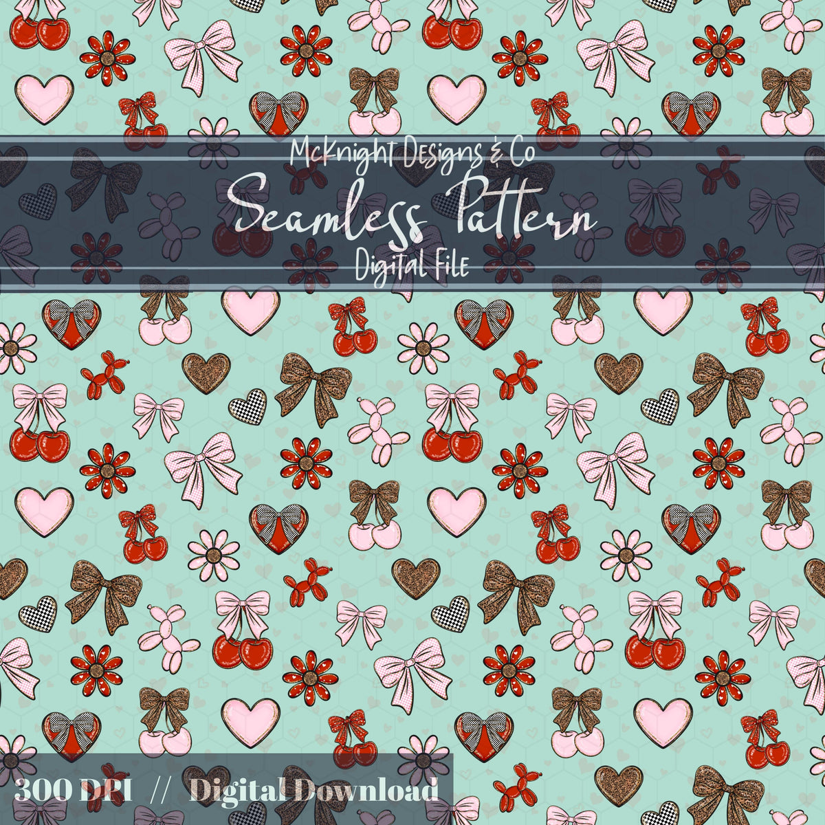 Cherry Bow Seamless Pattern with Leopard Print | Coquette Valentine Digital Paper McKnight Designs & Co Seamless Pattern File