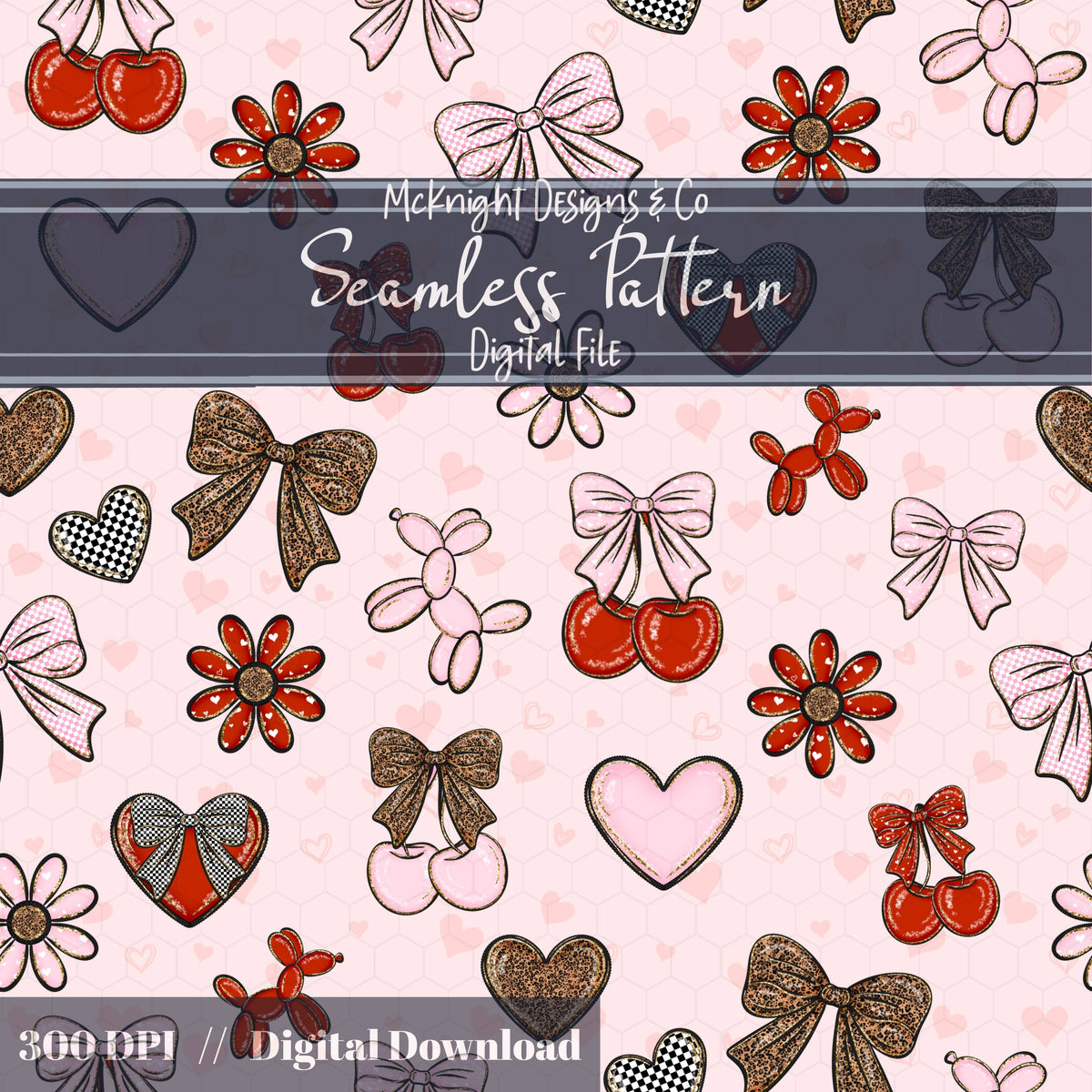 Cherry Bow Seamless Pattern with Leopard Print | Coquette Valentine Digital Paper McKnight Designs & Co Seamless Pattern File