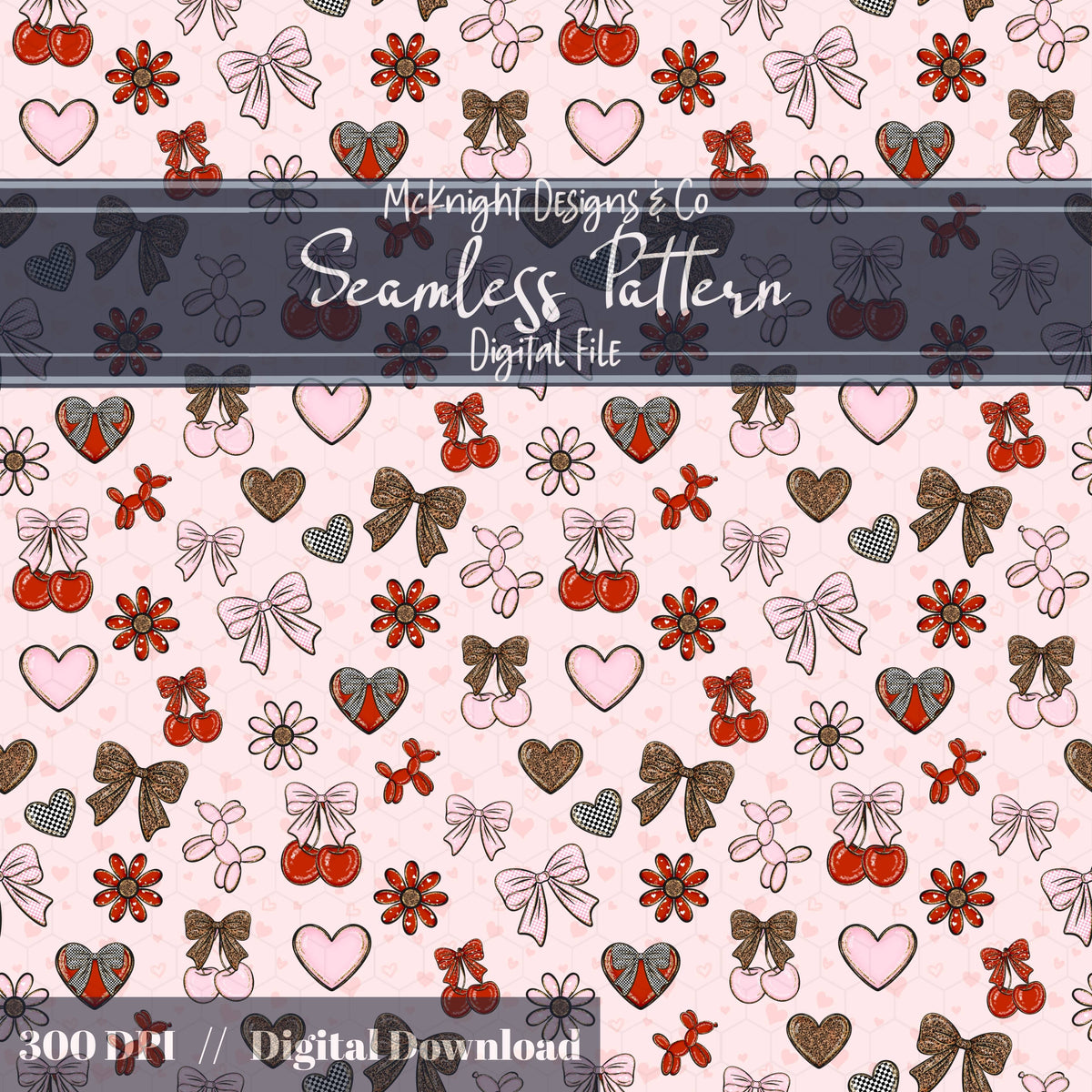 Cherry Bow Seamless Pattern with Leopard Print | Coquette Valentine Digital Paper McKnight Designs & Co Seamless Pattern File