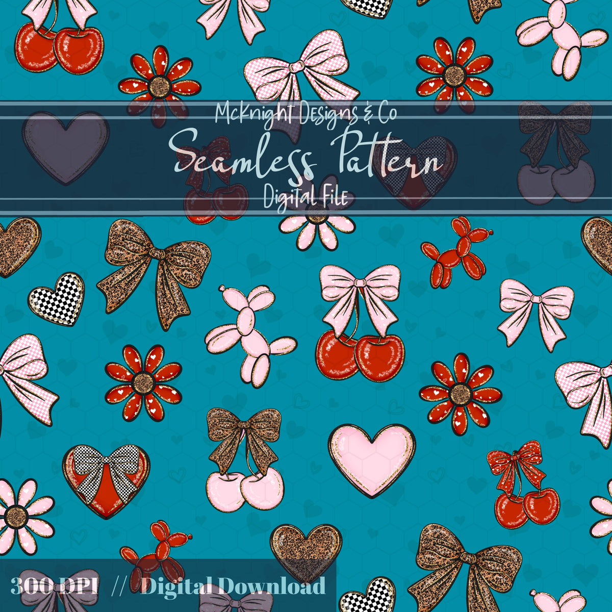 Cherry Bow Seamless Pattern with Leopard Print | Coquette Valentine Digital Paper McKnight Designs & Co Seamless Pattern File