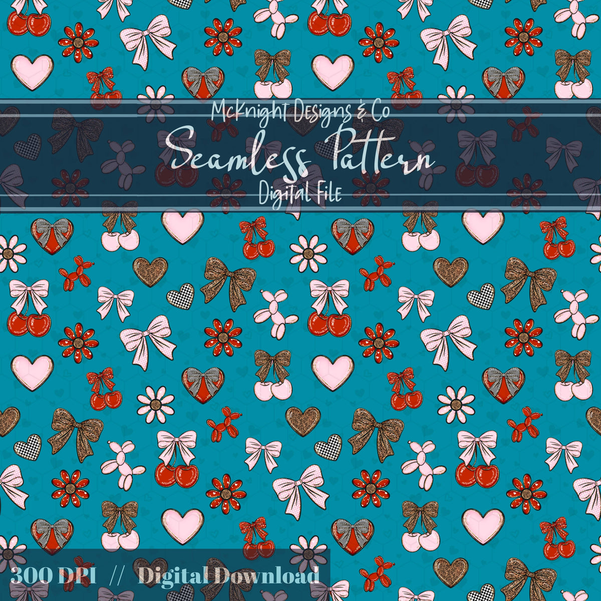 Cherry Bow Seamless Pattern with Leopard Print | Coquette Valentine Digital Paper McKnight Designs & Co Seamless Pattern File