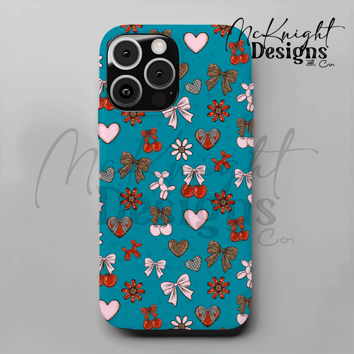 Cherry Bow Seamless Pattern with Leopard Print | Coquette Valentine Digital Paper McKnight Designs & Co Seamless Pattern File