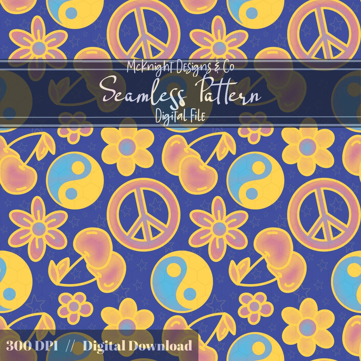 Millennial Y2K Cherries Peace Signs Yin-Yang • Retro Flower Seamless Pattern McKnight Designs & Co Seamless Pattern File Blue