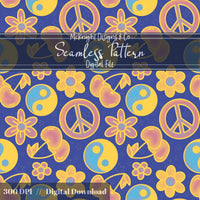 Millennial Y2K Cherries Peace Signs Yin-Yang • Retro Flower Seamless Pattern McKnight Designs & Co Seamless Pattern File Blue