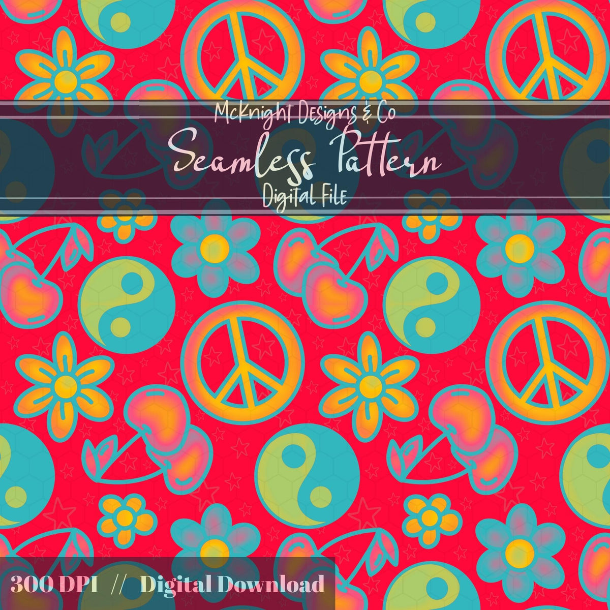 Millennial Y2K Cherries Peace Signs Yin-Yang • Retro Flower Seamless Pattern McKnight Designs & Co Seamless Pattern File Cherry Pink