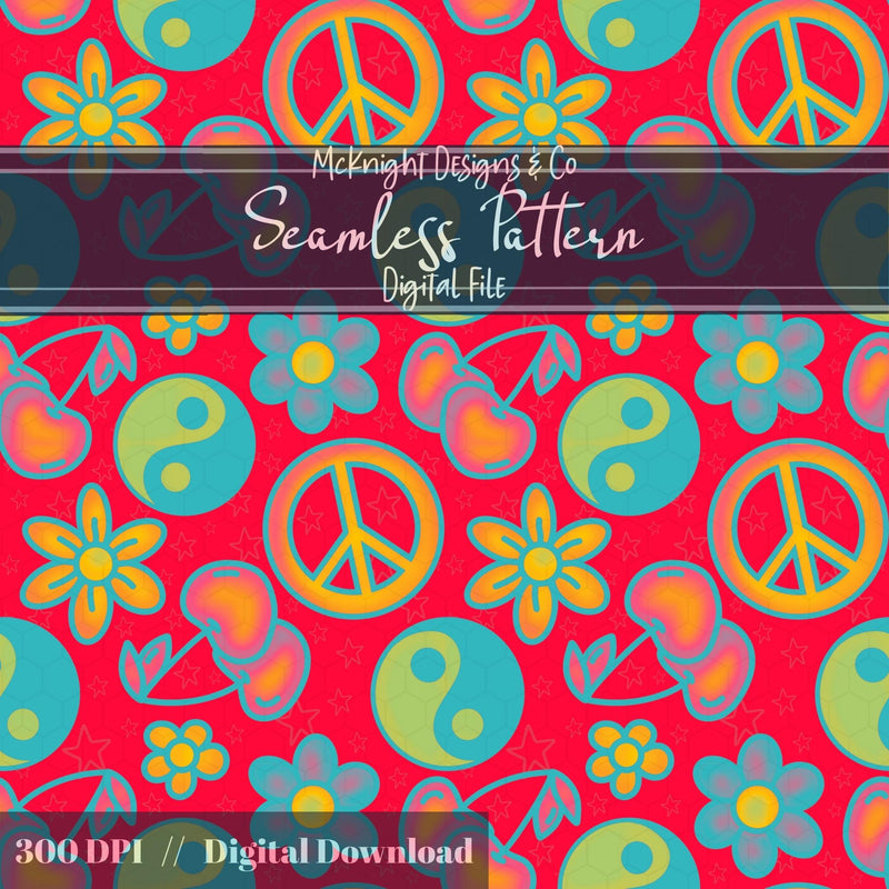 Millennial Y2K Cherries Peace Signs Yin-Yang • Retro Flower Seamless Pattern McKnight Designs & Co Seamless Pattern File Cherry Pink