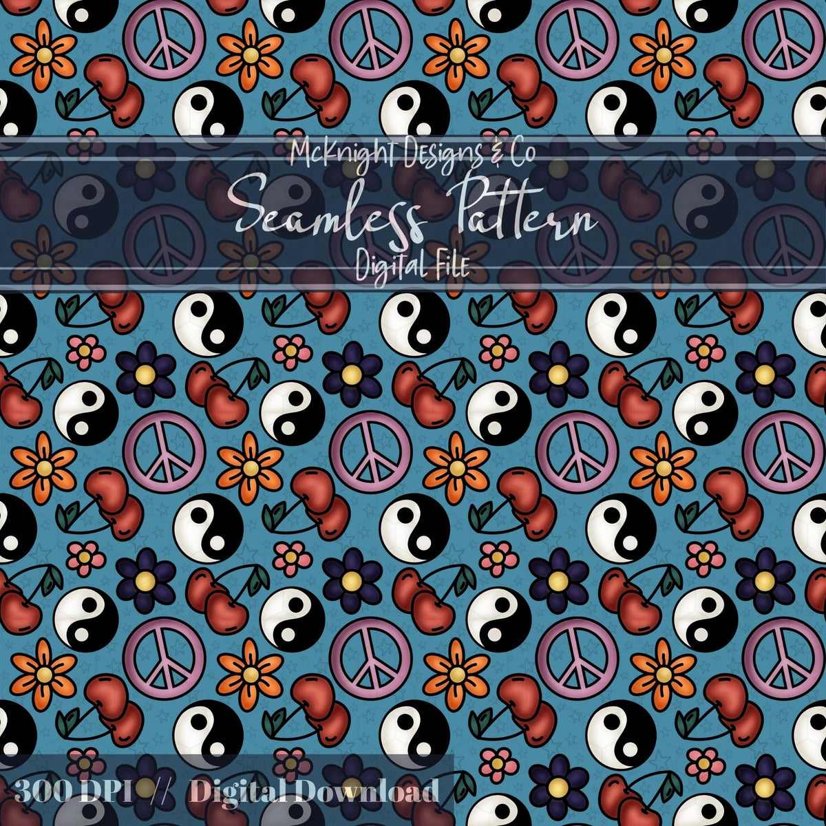 Millennial Y2K Cherries Peace Signs Yin-Yang • Retro Flower Seamless Pattern McKnight Designs & Co Seamless Pattern File Gray-Blue Moody