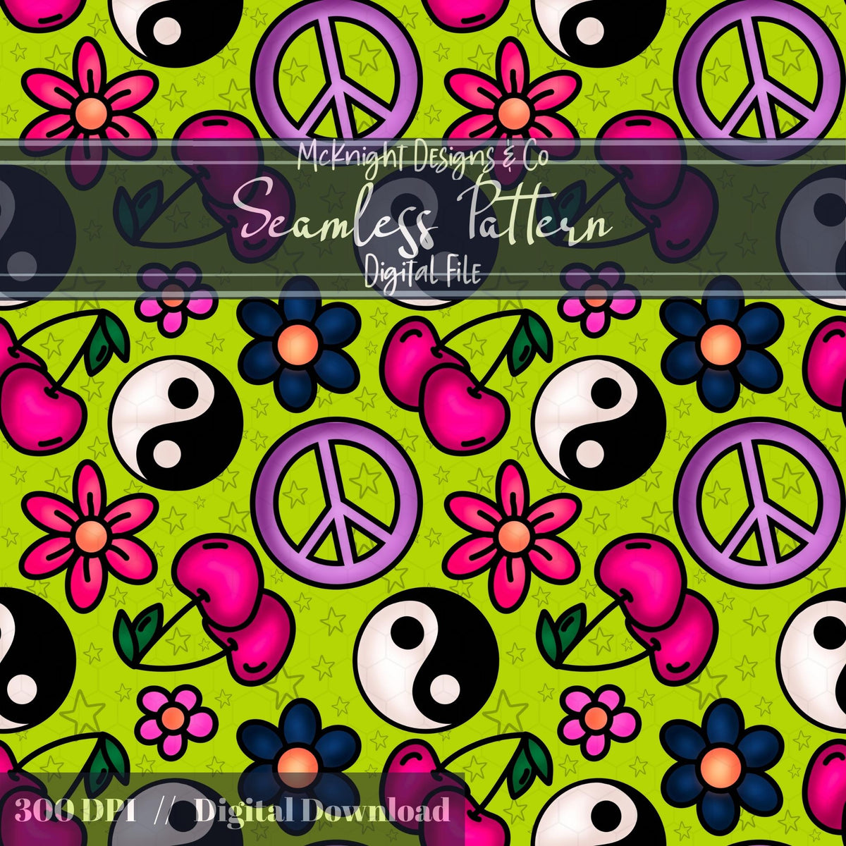 Millennial Y2K Cherries Peace Signs Yin-Yang • Retro Flower Seamless Pattern McKnight Designs & Co Seamless Pattern File Lime