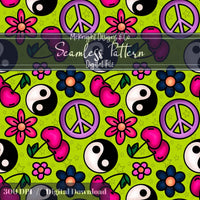 Millennial Y2K Cherries Peace Signs Yin-Yang • Retro Flower Seamless Pattern McKnight Designs & Co Seamless Pattern File Lime