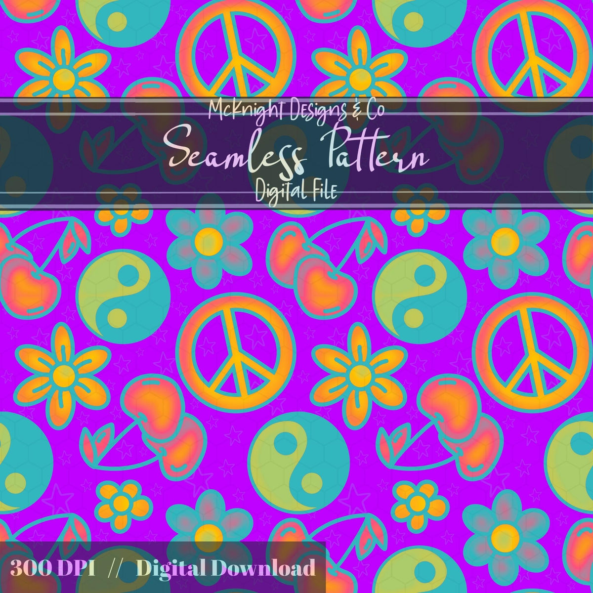 Millennial Y2K Cherries Peace Signs Yin-Yang • Retro Flower Seamless Pattern McKnight Designs & Co Seamless Pattern File Neon Purple-Pink