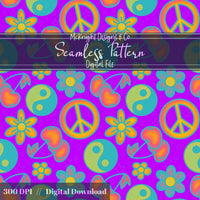 Millennial Y2K Cherries Peace Signs Yin-Yang • Retro Flower Seamless Pattern McKnight Designs & Co Seamless Pattern File Neon Purple-Pink