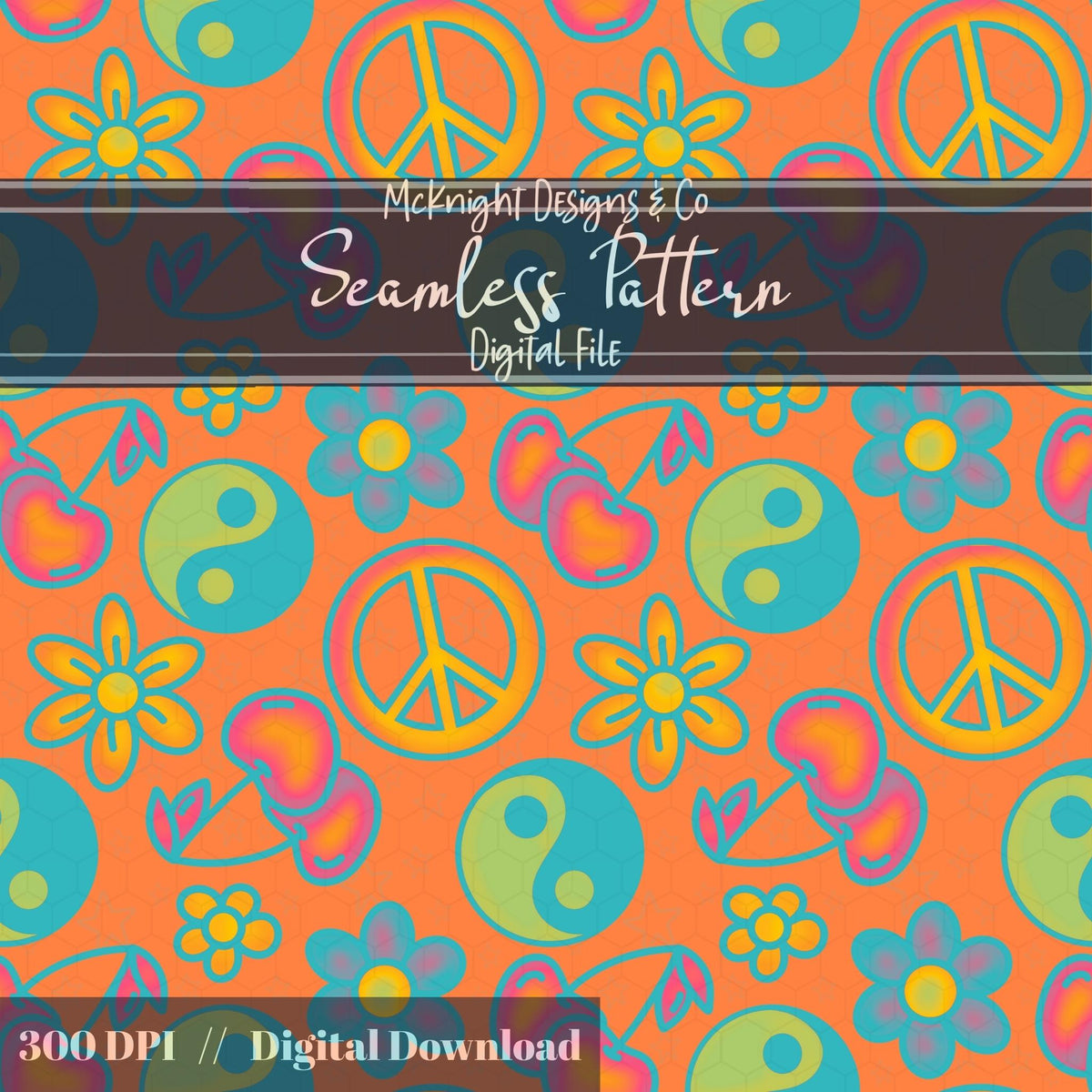 Millennial Y2K Cherries Peace Signs Yin-Yang • Retro Flower Seamless Pattern McKnight Designs & Co Seamless Pattern File Orange