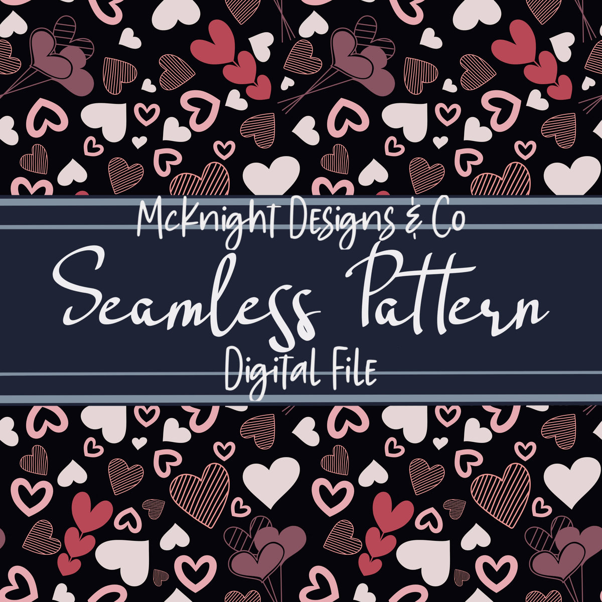 Doodle Hearts Seamless Pattern – Pink, Purple & Red Valentine Hearts on Fuchsia Background McKnight Designs & Co Seamless Pattern File