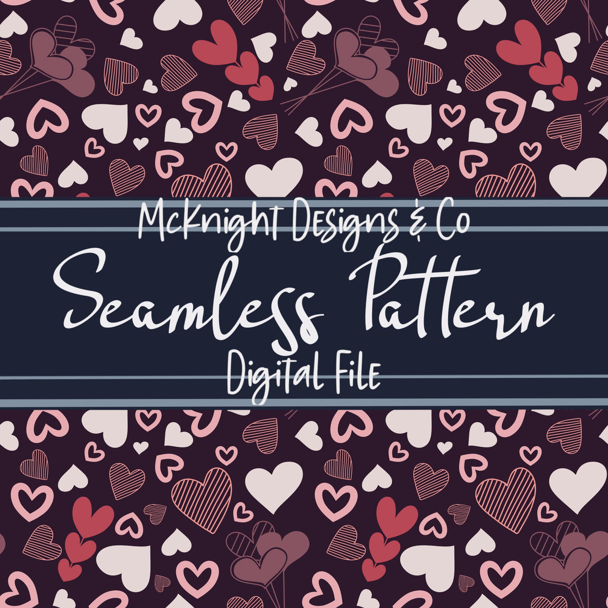 Doodle Hearts Seamless Pattern – Pink, Purple & Red Valentine Hearts on Fuchsia Background McKnight Designs & Co Seamless Pattern File