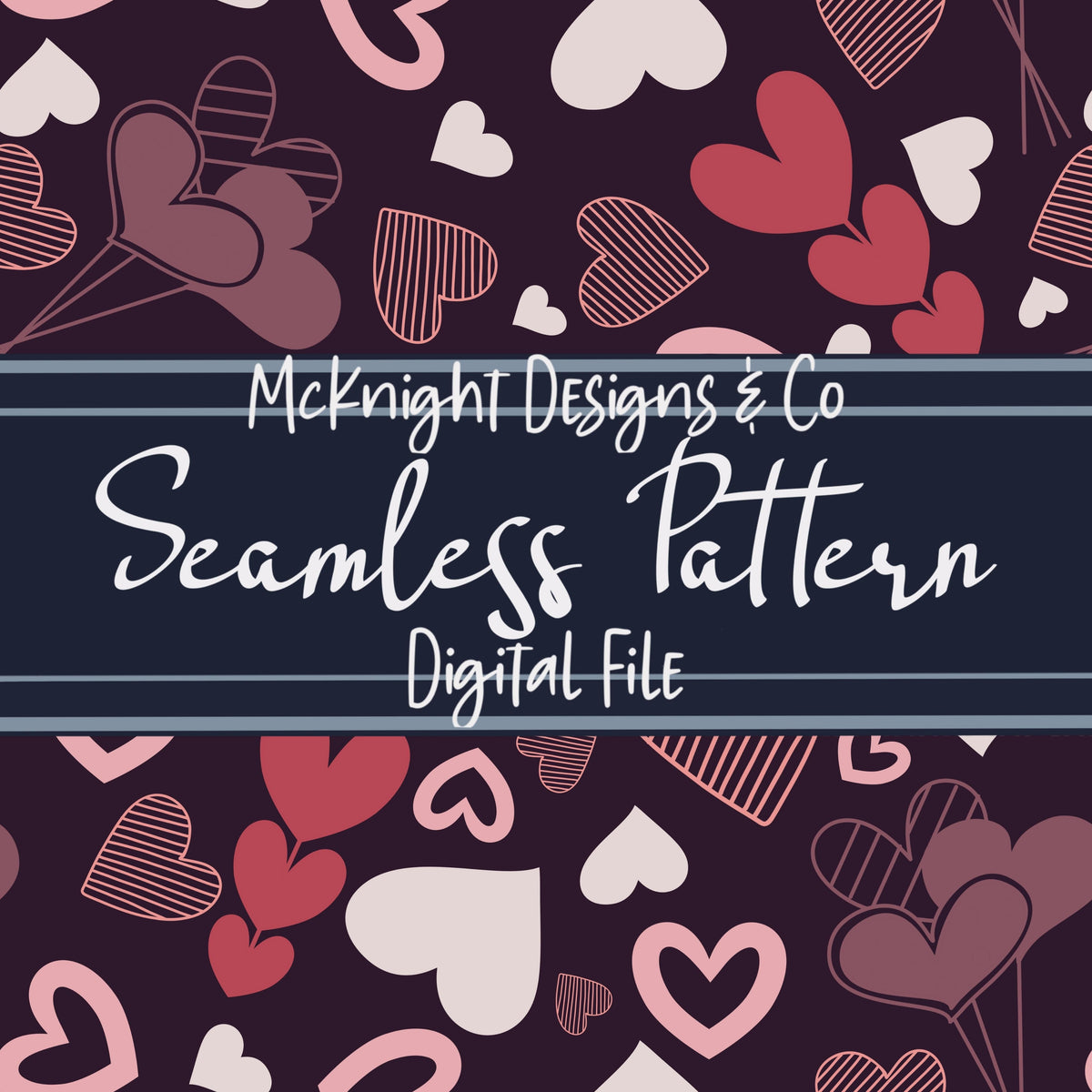 Doodle Hearts Seamless Pattern – Pink, Purple & Red Valentine Hearts on Fuchsia Background McKnight Designs & Co Seamless Pattern File