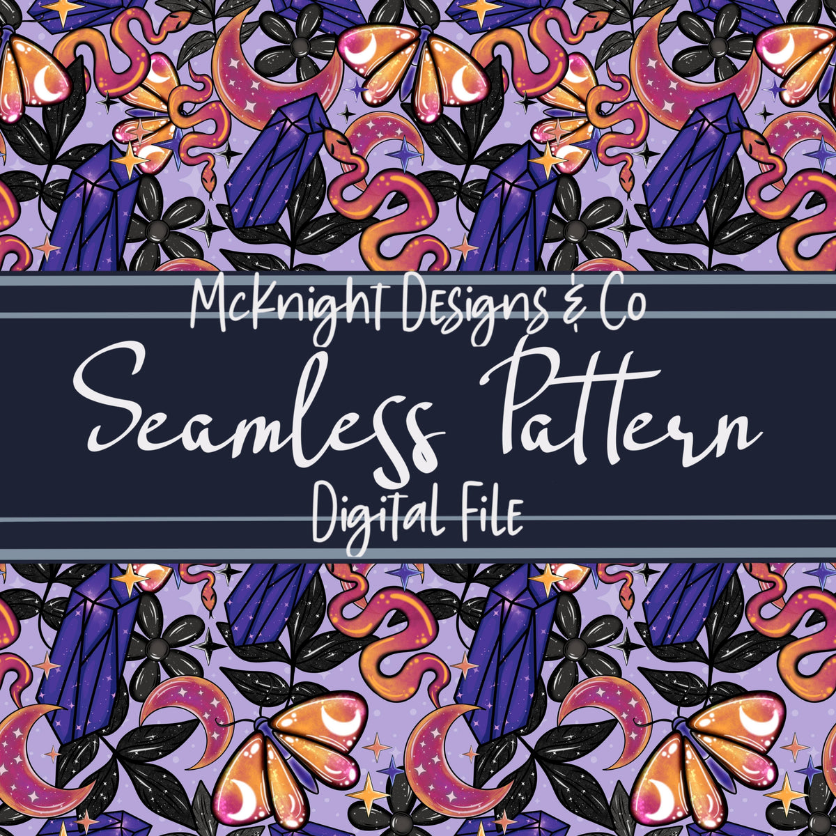 Witchy Vibes Seamless Pattern – Mystical Crystals, Moths, Snakes & Moons - Digital Design for Fabric & Vinyl McKnight Designs & Co Seamless Pattern File