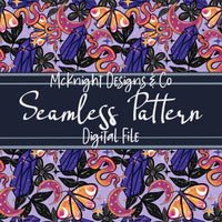 Witchy Vibes Seamless Pattern – Mystical Crystals, Moths, Snakes & Moons - Digital Design for Fabric & Vinyl McKnight Designs & Co Seamless Pattern File