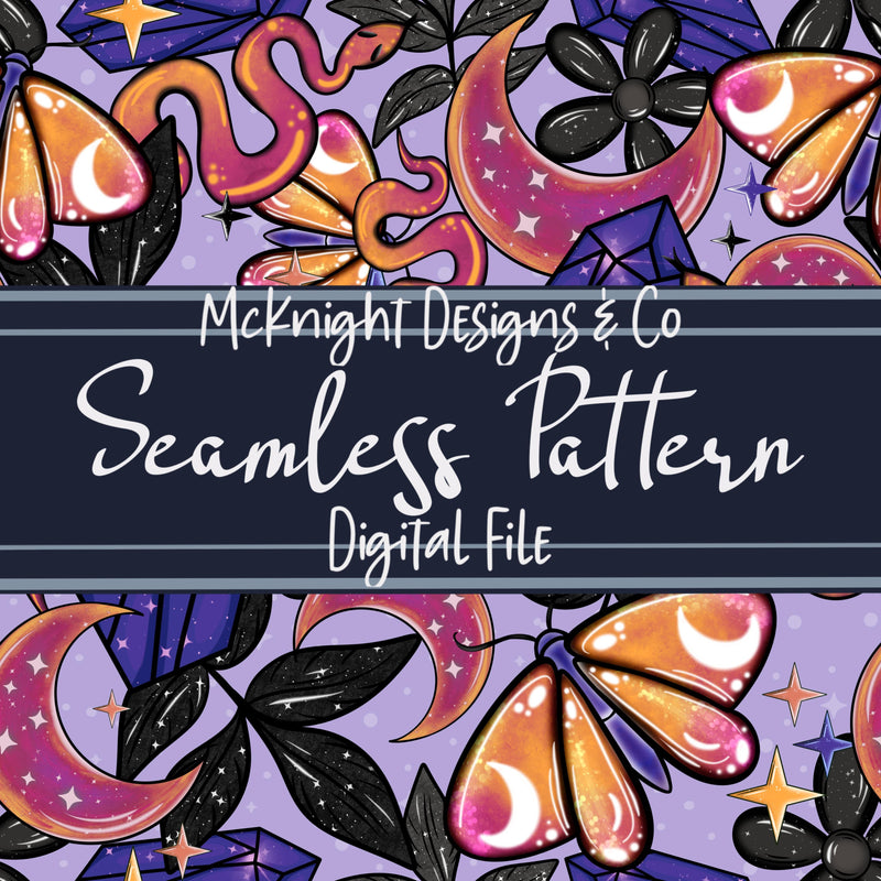 Witchy Vibes Seamless Pattern – Mystical Crystals, Moths, Snakes & Moons - Digital Design for Fabric & Vinyl McKnight Designs & Co Seamless Pattern File Lavender Original
