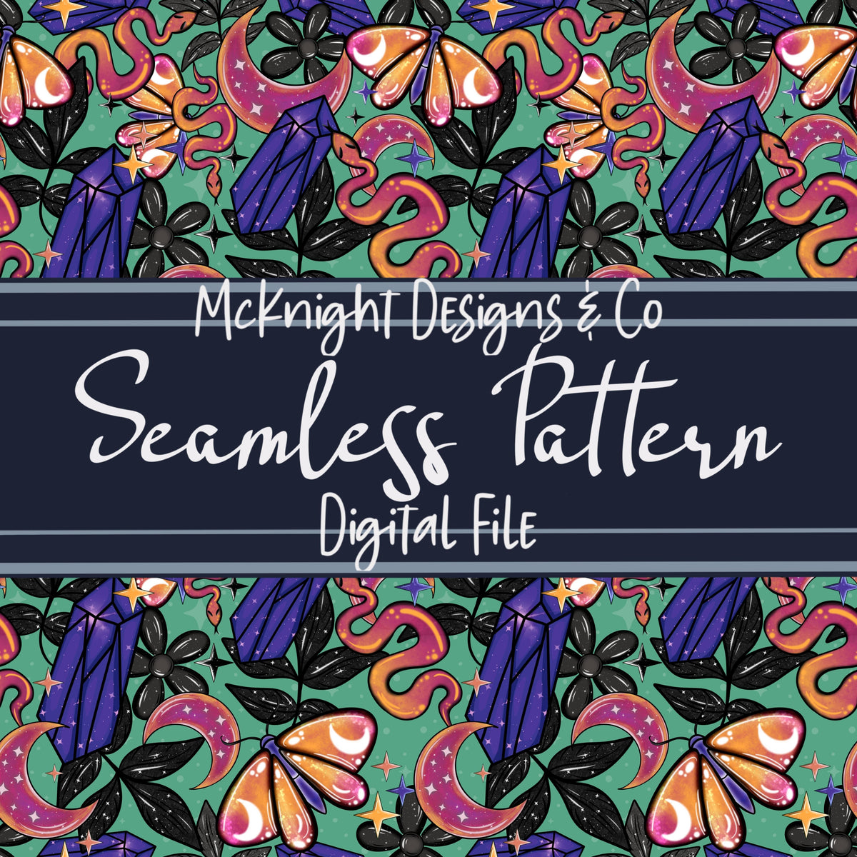 Witchy Vibes Seamless Pattern – Mystical Crystals, Moths, Snakes & Moons - Digital Design for Fabric & Vinyl McKnight Designs & Co Seamless Pattern File