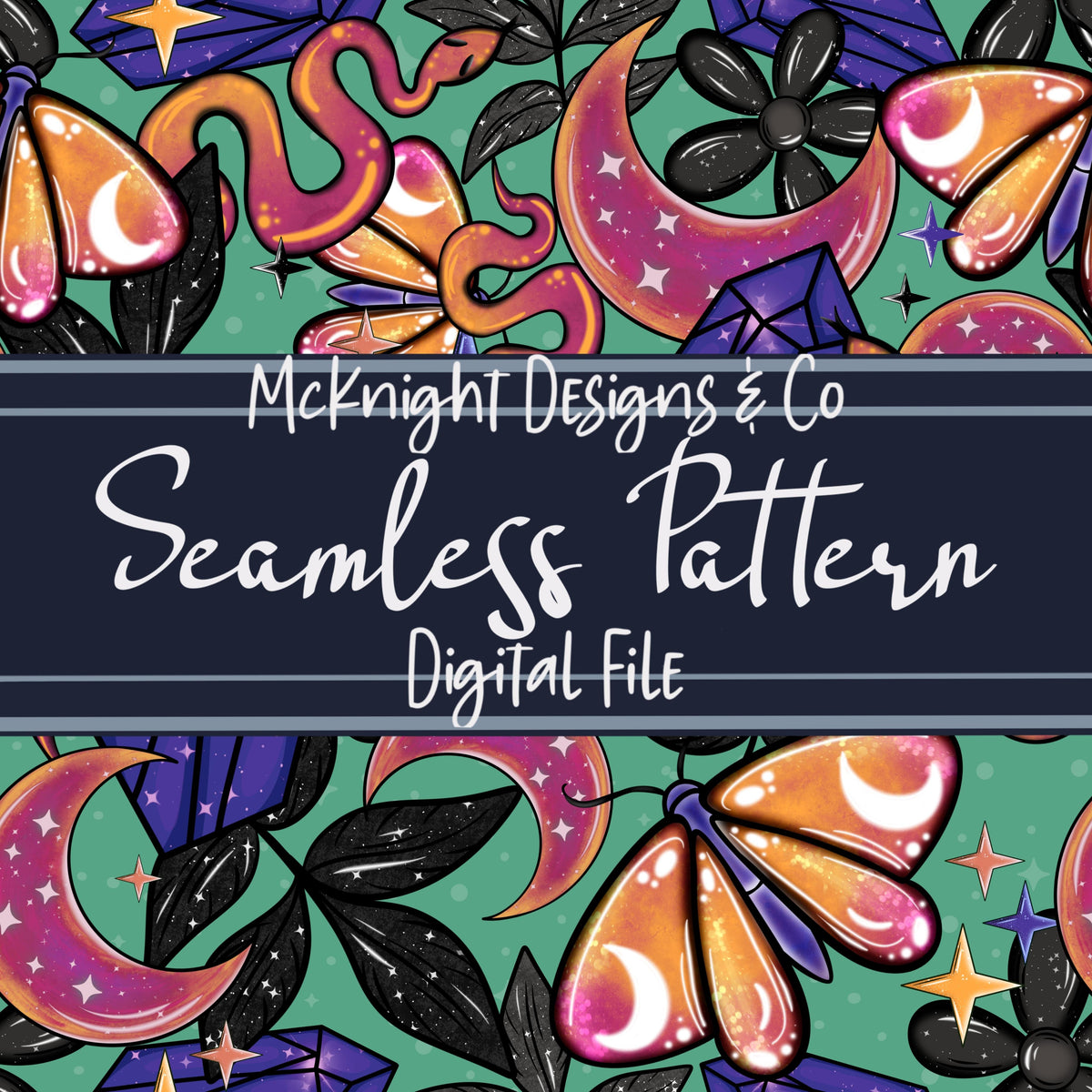 Witchy Vibes Seamless Pattern – Mystical Crystals, Moths, Snakes & Moons - Digital Design for Fabric & Vinyl McKnight Designs & Co Seamless Pattern File Mint Original