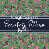 Stay Trippy Little Hippie Seamless Pattern (V1) – Retro Mushrooms, Suns & Florals on Ivory Background McKnight Designs & Co Seamless Pattern File