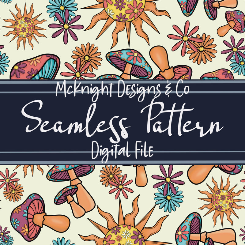 Stay Trippy Little Hippie Seamless Pattern (V1) – Retro Mushrooms, Suns & Florals on Ivory Background McKnight Designs & Co Seamless Pattern File