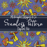 Stay Trippy Little Hippie Seamless Pattern (V1) – Retro Mushrooms, Suns & Florals on Ivory Background McKnight Designs & Co Seamless Pattern File