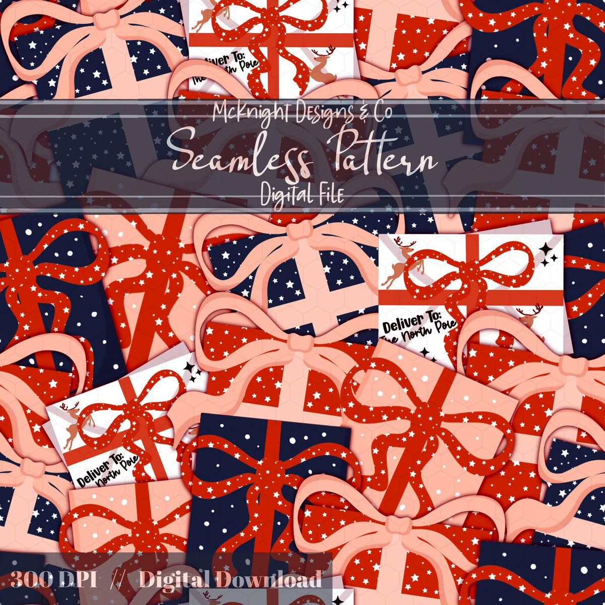 Christmas Presents & Santa Letters Seamless Pattern - Holiday Gifts McKnight Designs & Co Seamless Pattern File Navy & Red