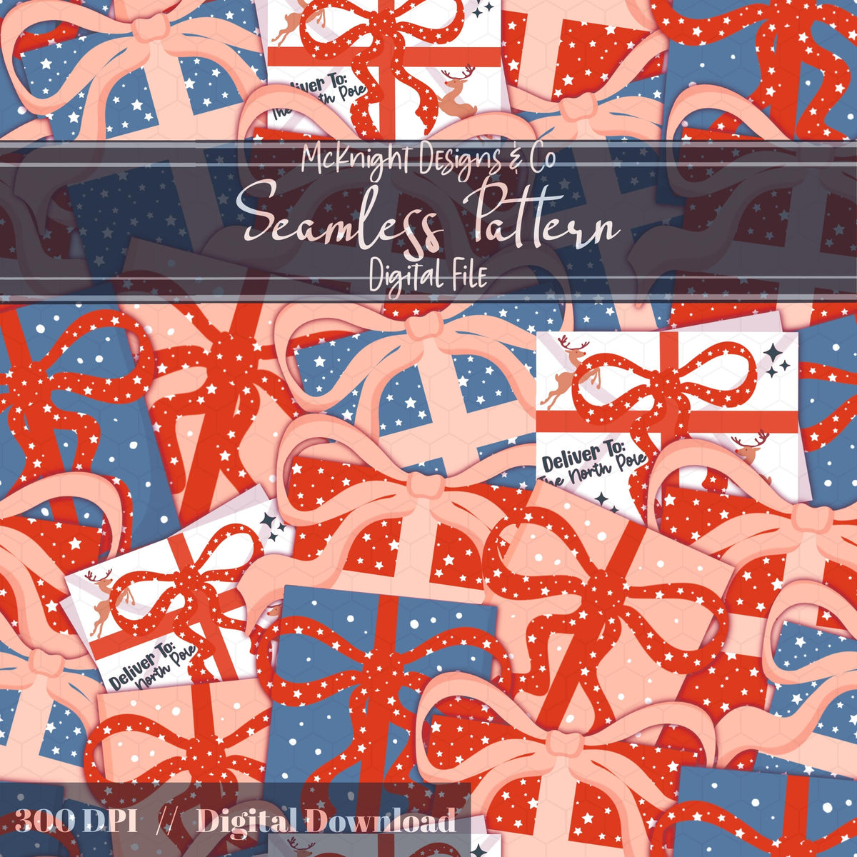 Christmas Presents & Santa Letters Seamless Pattern - Holiday Gifts McKnight Designs & Co Seamless Pattern File Red & Blue