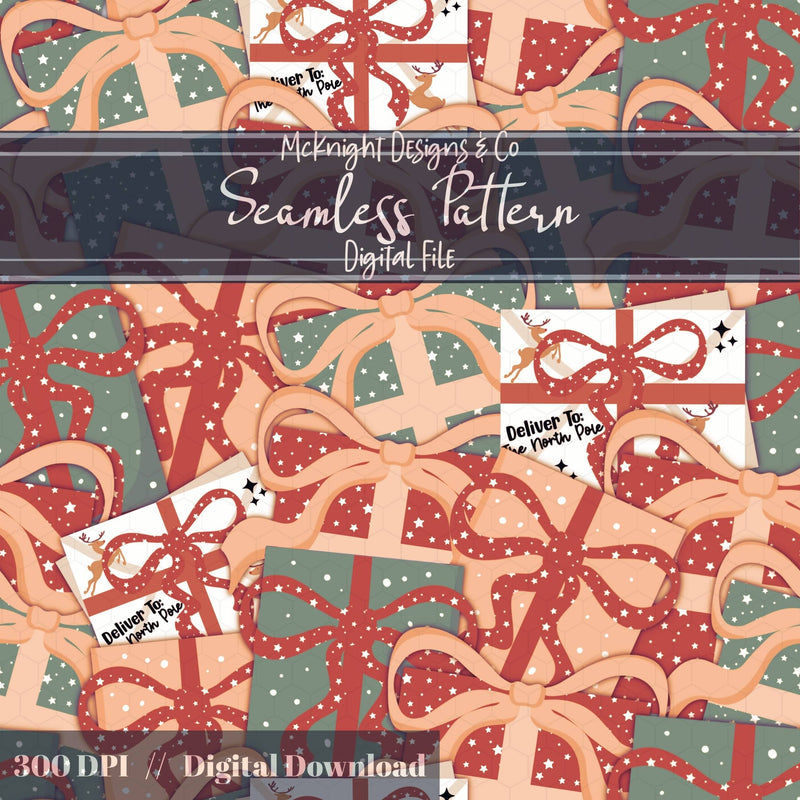 Christmas Presents & Santa Letters Seamless Pattern - Holiday Gifts McKnight Designs & Co Seamless Pattern File Green & Maroon