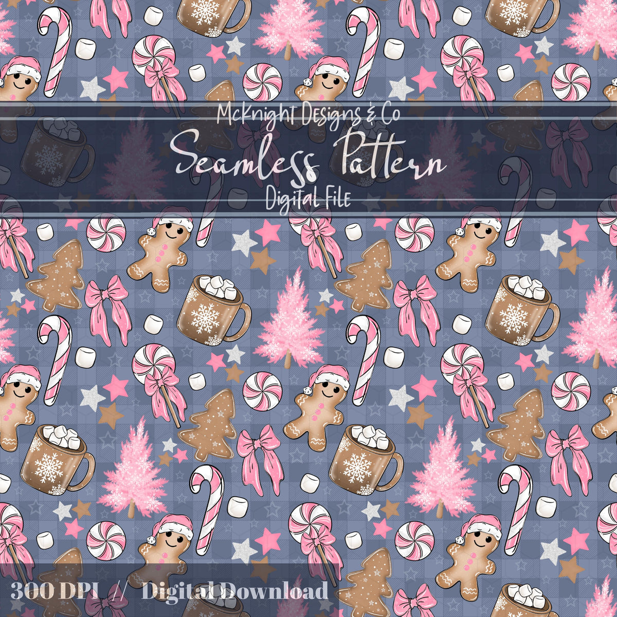 Gingerbread Christmas Kitchen Seamless Pattern - Pink Holiday Baking, Candy Canes McKnight Designs & Co Seamless Pattern File Blue